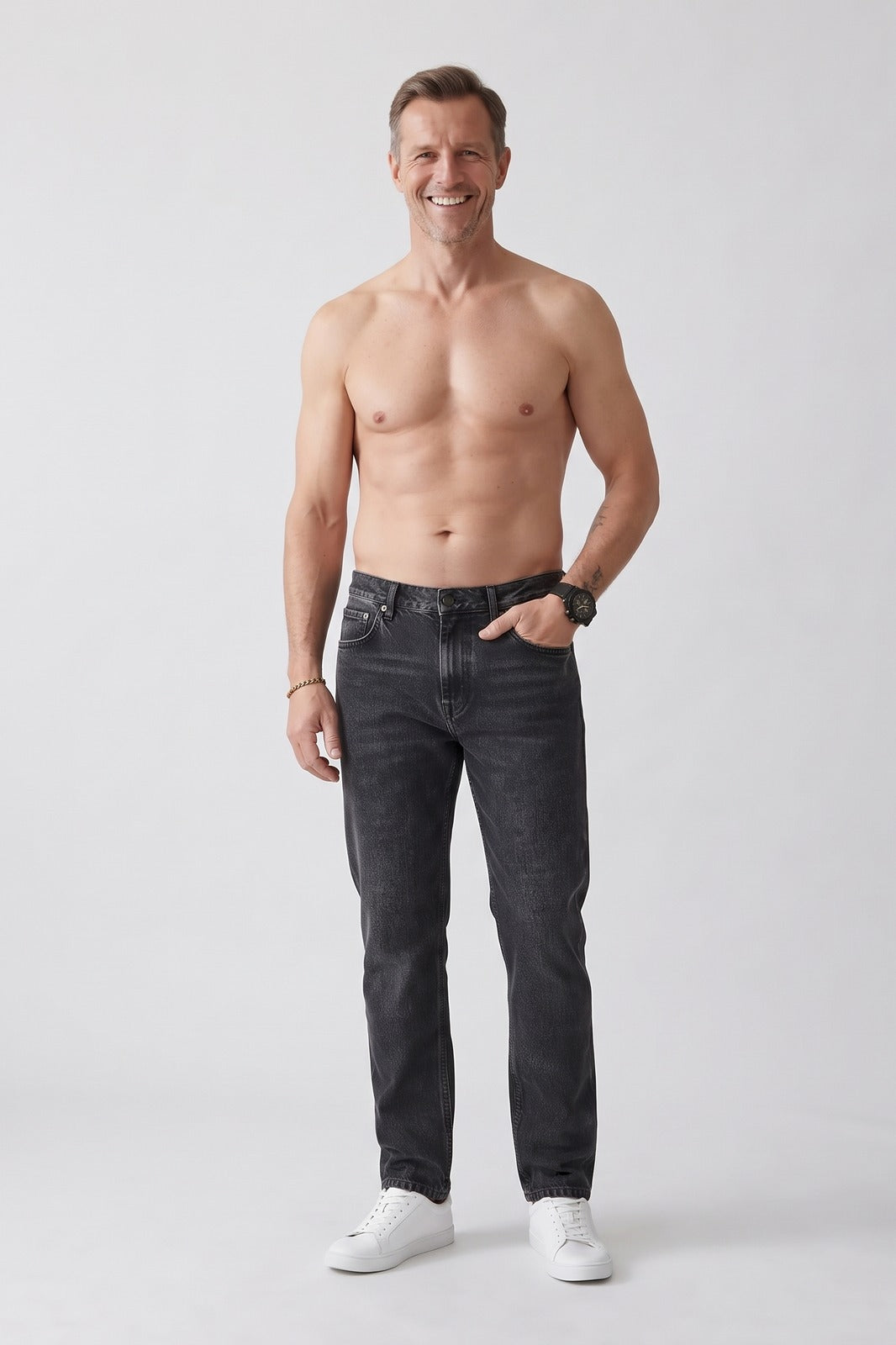 Herren Gerade Jeans | Lockere Passform — Schwarz — Vorderansicht — am Modell