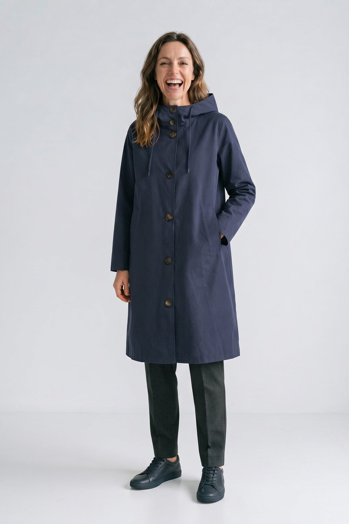 Damen Kapuzenmantel mit A-Linien-Silhouette und Knopfleiste – 16