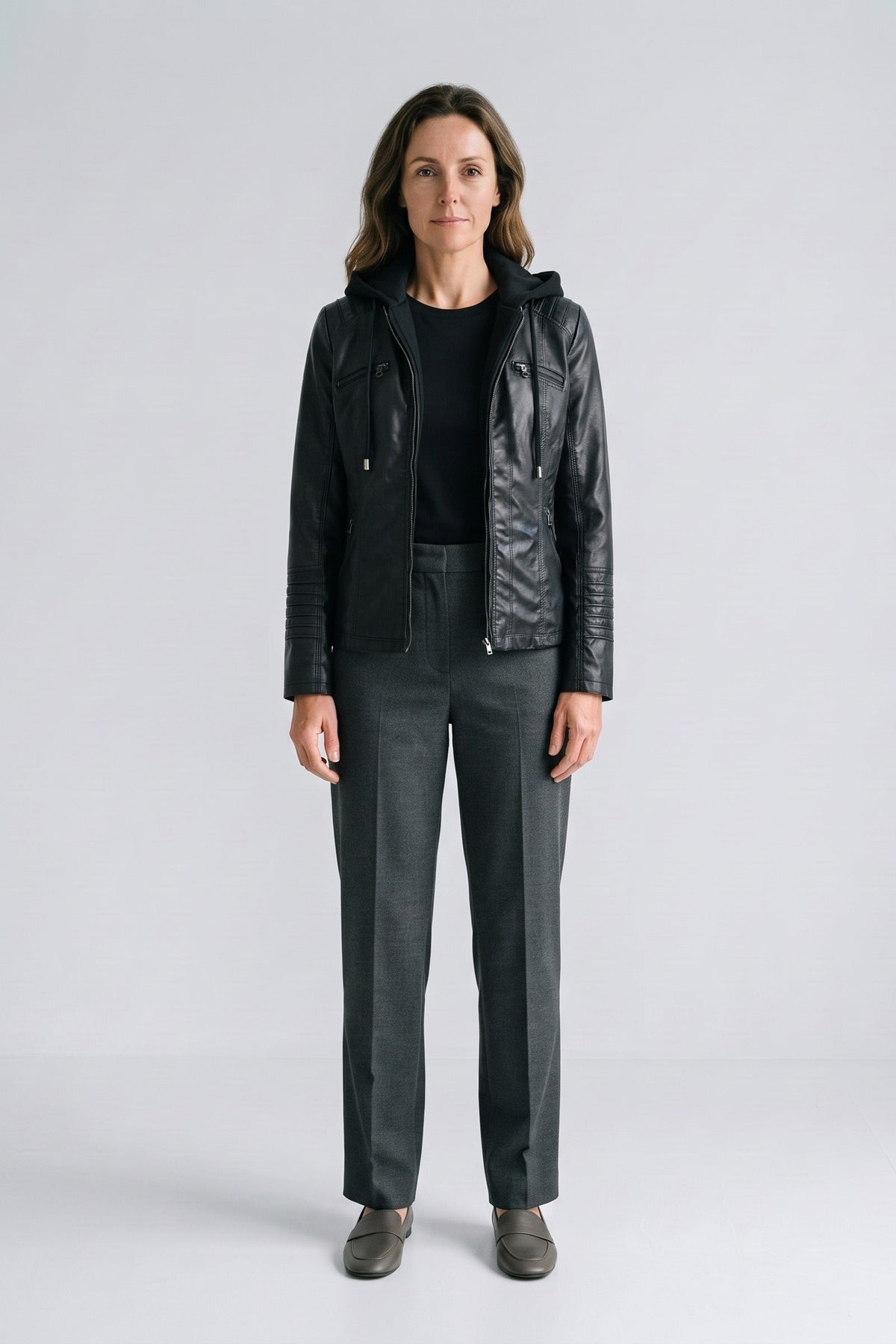 Damen Bikerjacke mit abnehmbarer Kapuze und Reißverschlusstaschen – 3