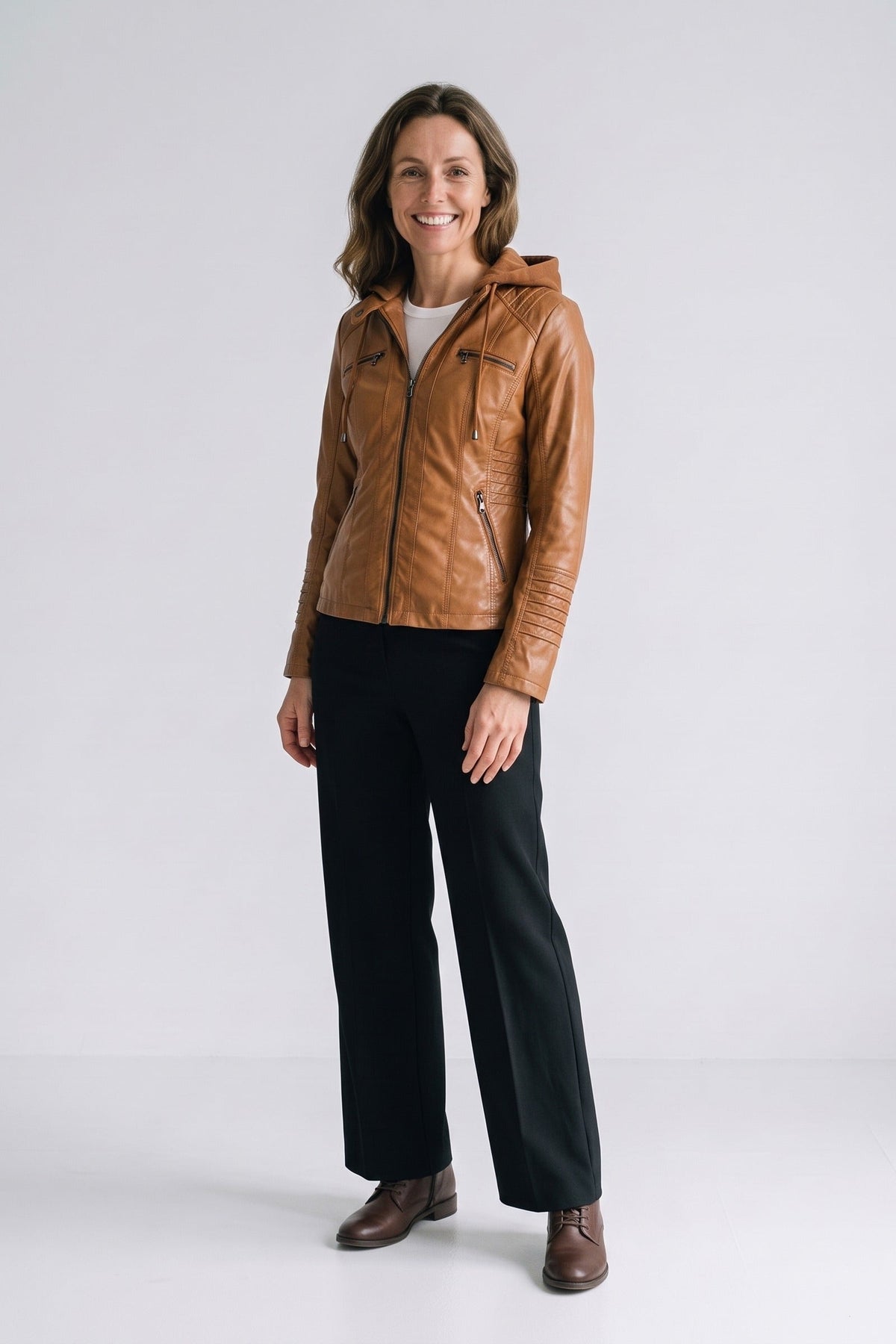 Damen Bikerjacke mit abnehmbarer Kapuze und Reißverschlusstaschen – 8