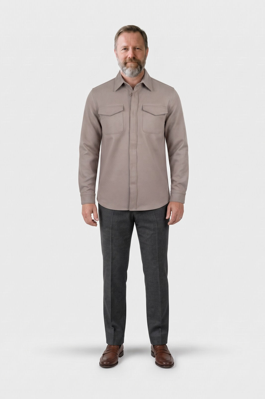 Herren Hemdjacke Overshirt | Reverskragen — Beige — Vorderansicht — am Modell