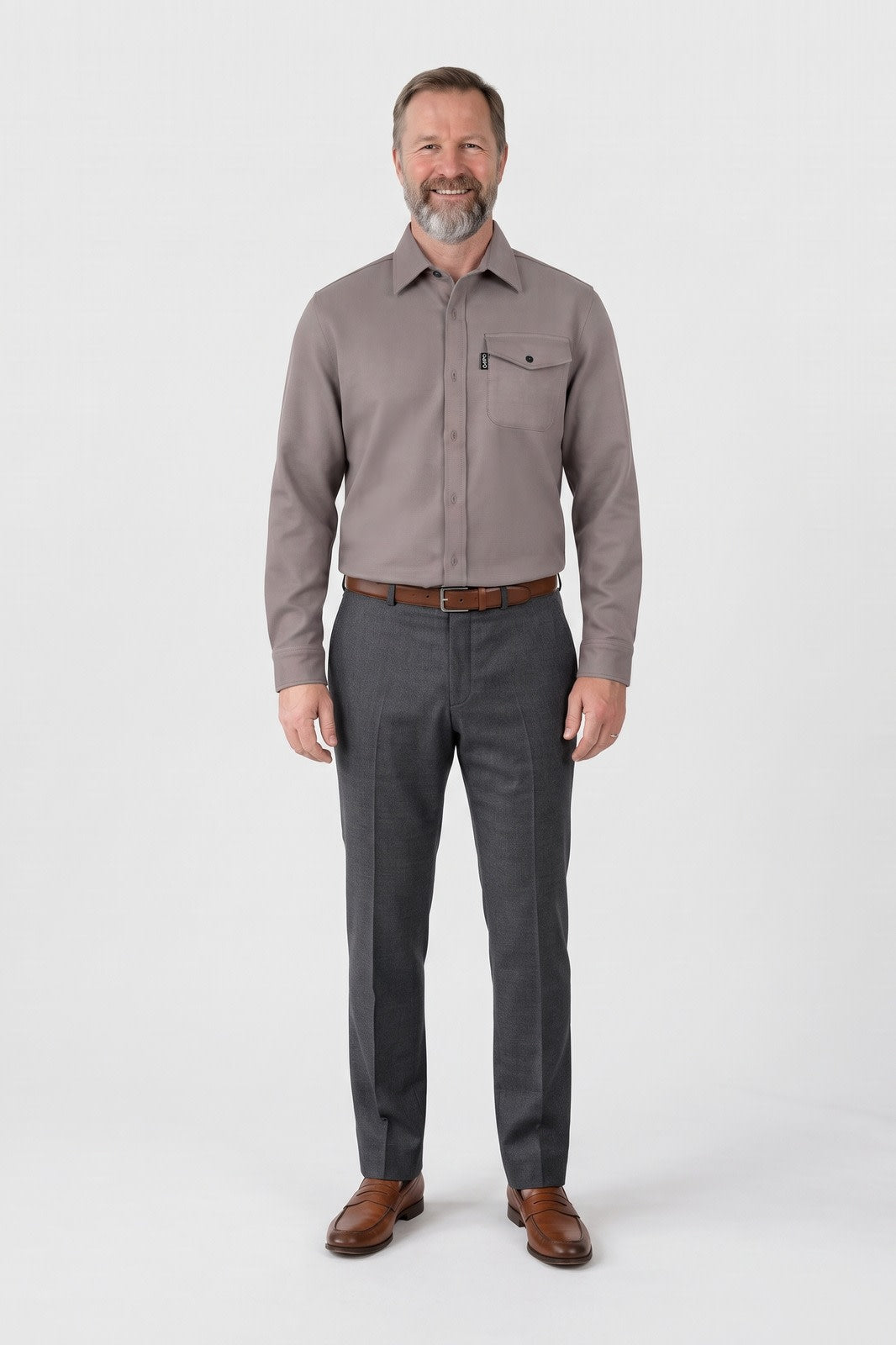 Herren Hemdjacke Overshirt | Reverskragen — Grau — Vorderansicht — am Modell