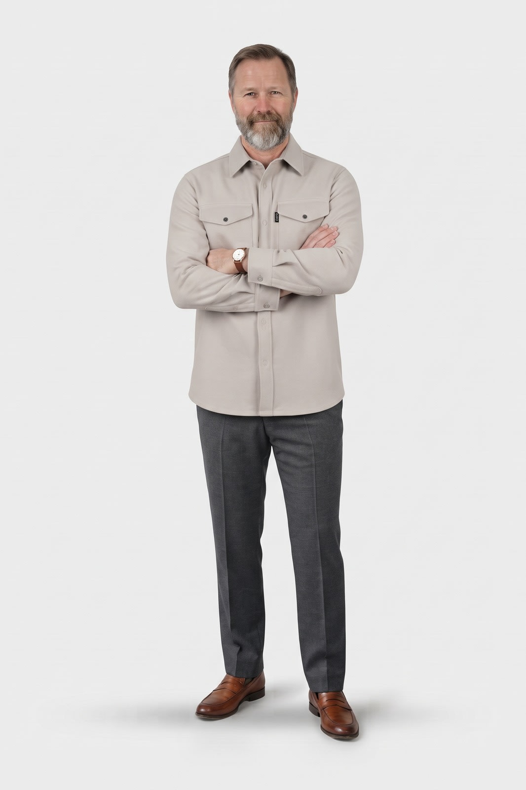 Herren Hemdjacke Overshirt | Reverskragen — Hellbeige — Vorderansicht — am Modell