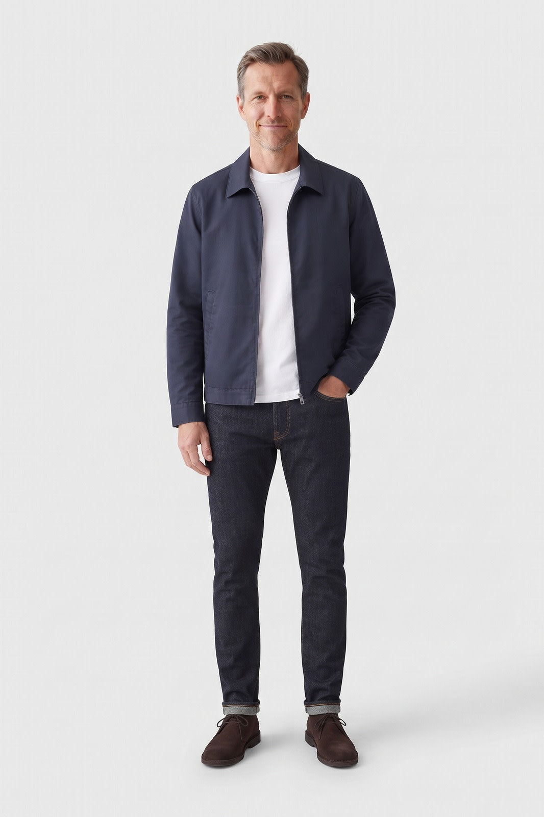 Herren Slim Übergangsjacke | Smart Casual — Dunkelblau — Vorderansicht — am Modell