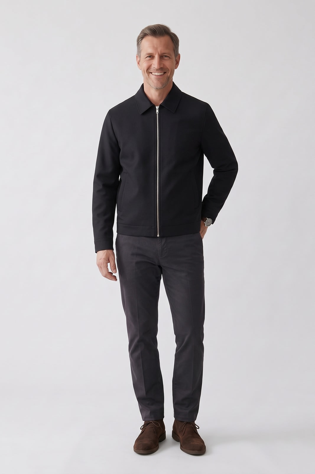 Herren Slim Übergangsjacke | Smart Casual — Schwarz — Vorderansicht — am Modell