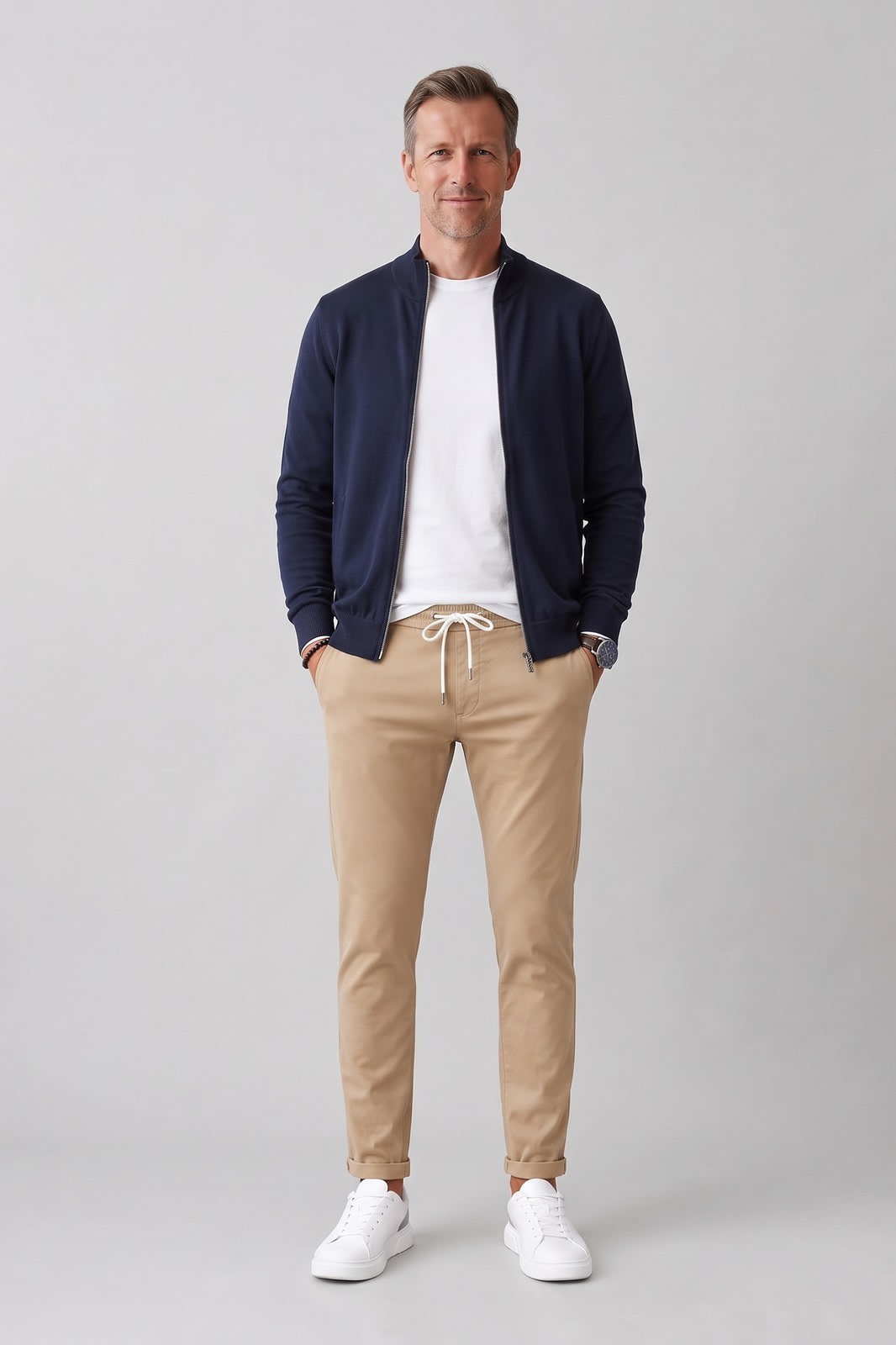 Herren Jogginghose im Chino-Stil | Tapered — Beige — Vorderansicht — am Modell