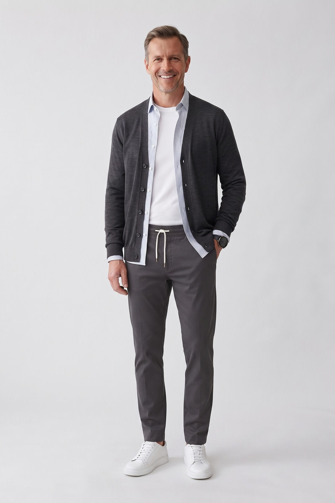 Herren Chinohose | Schmale Passform — Dunkelgrau — Vorderansicht — am Modell