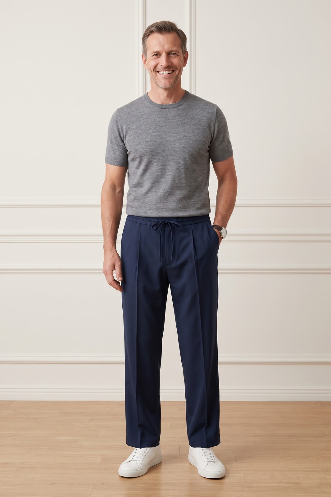 Herrenhose Gerade | Mit Kordelzug — Marineblau — Vorderansicht — am Modell