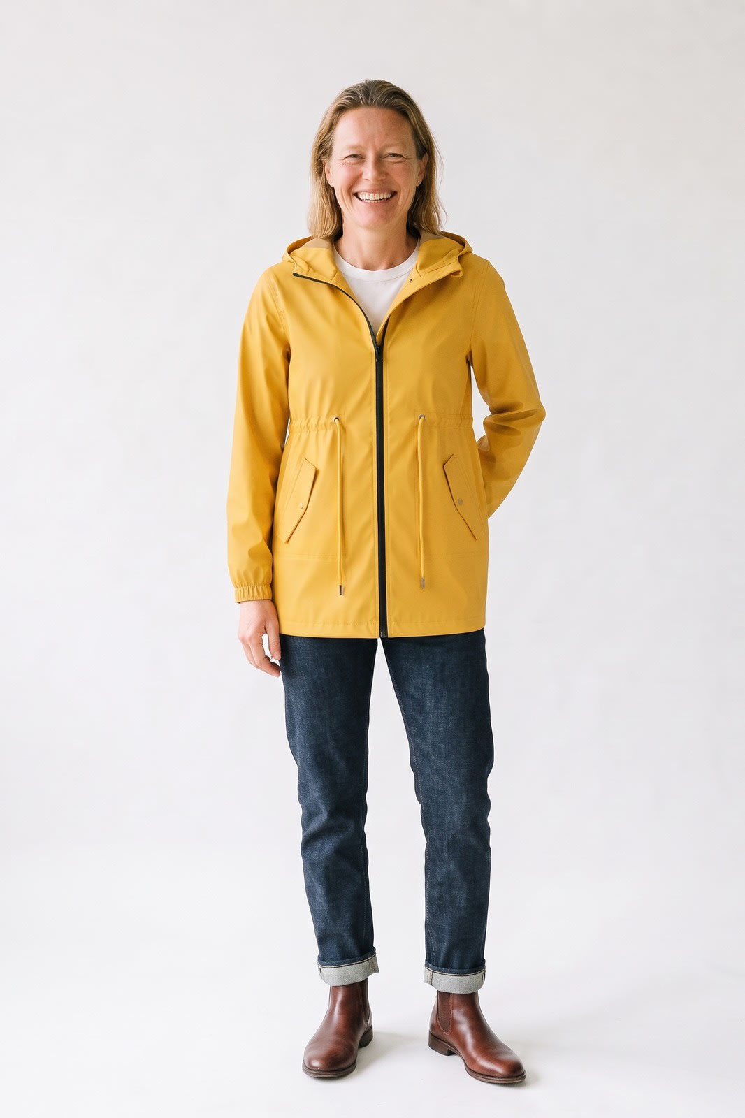 Damen Leichter Parka mit Kapuze | Casual — Gelb — Vorderansicht — am Modell