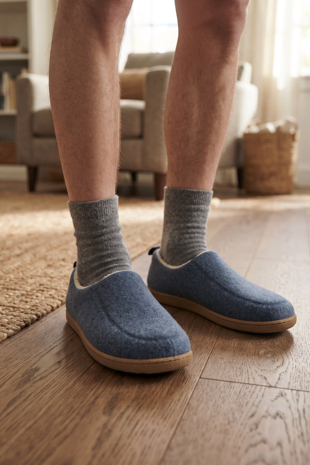 Unisex Melierter Hausschuh | Schlupfform — Blau — shoe_worn — am Modell