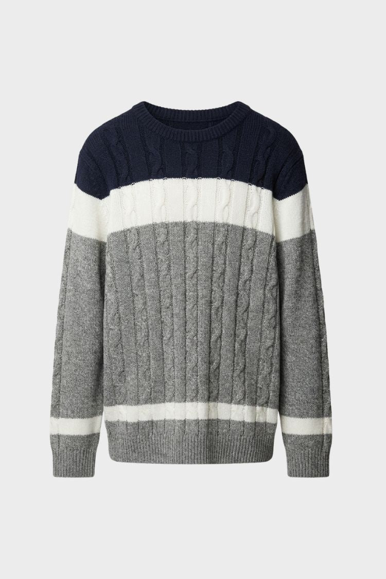Herren Zopfmuster-Pullover mit Rundhalsausschnitt und Colorblock-Design