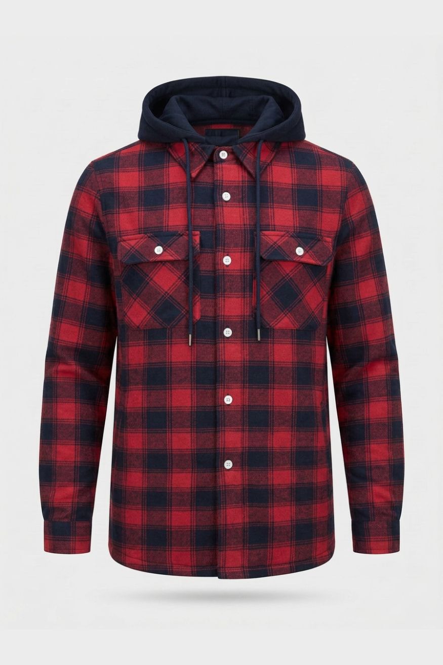 Herren Kapuzenhemdjacke mit Karomuster und Kordelzug-Kapuze
