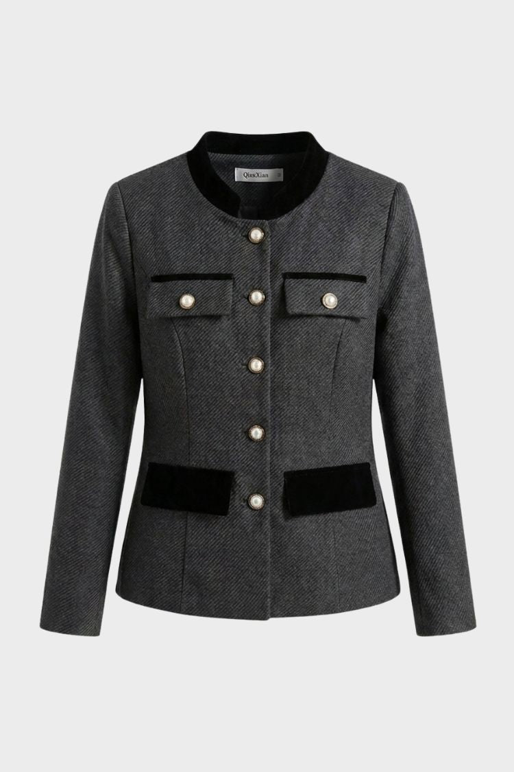 Damen Tweedjacke mit kragenlosem Ausschnitt und Kontrastpaspel – 5