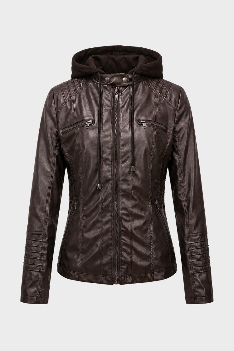 Damen Bikerjacke mit abnehmbarer Kapuze und Reißverschlusstaschen – 5