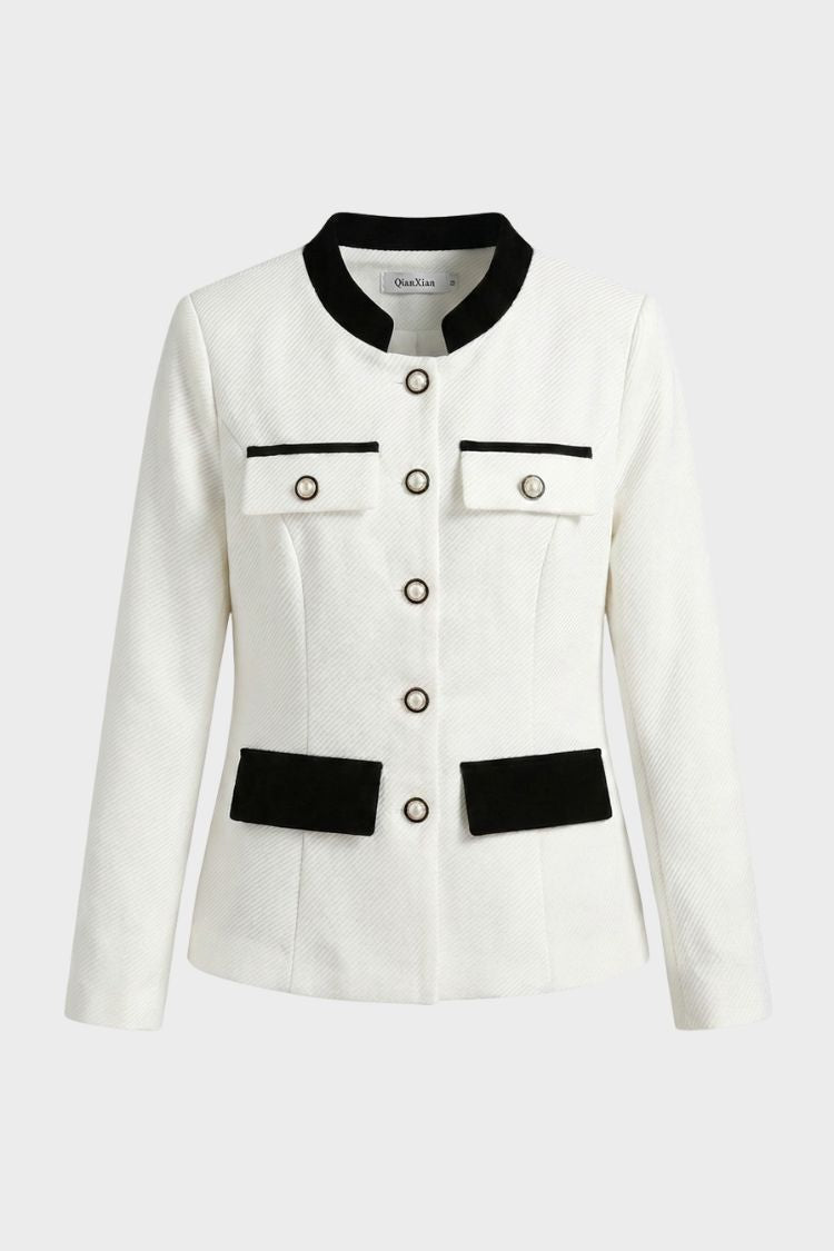 Damen Tweedjacke mit kragenlosem Ausschnitt und Kontrastpaspel