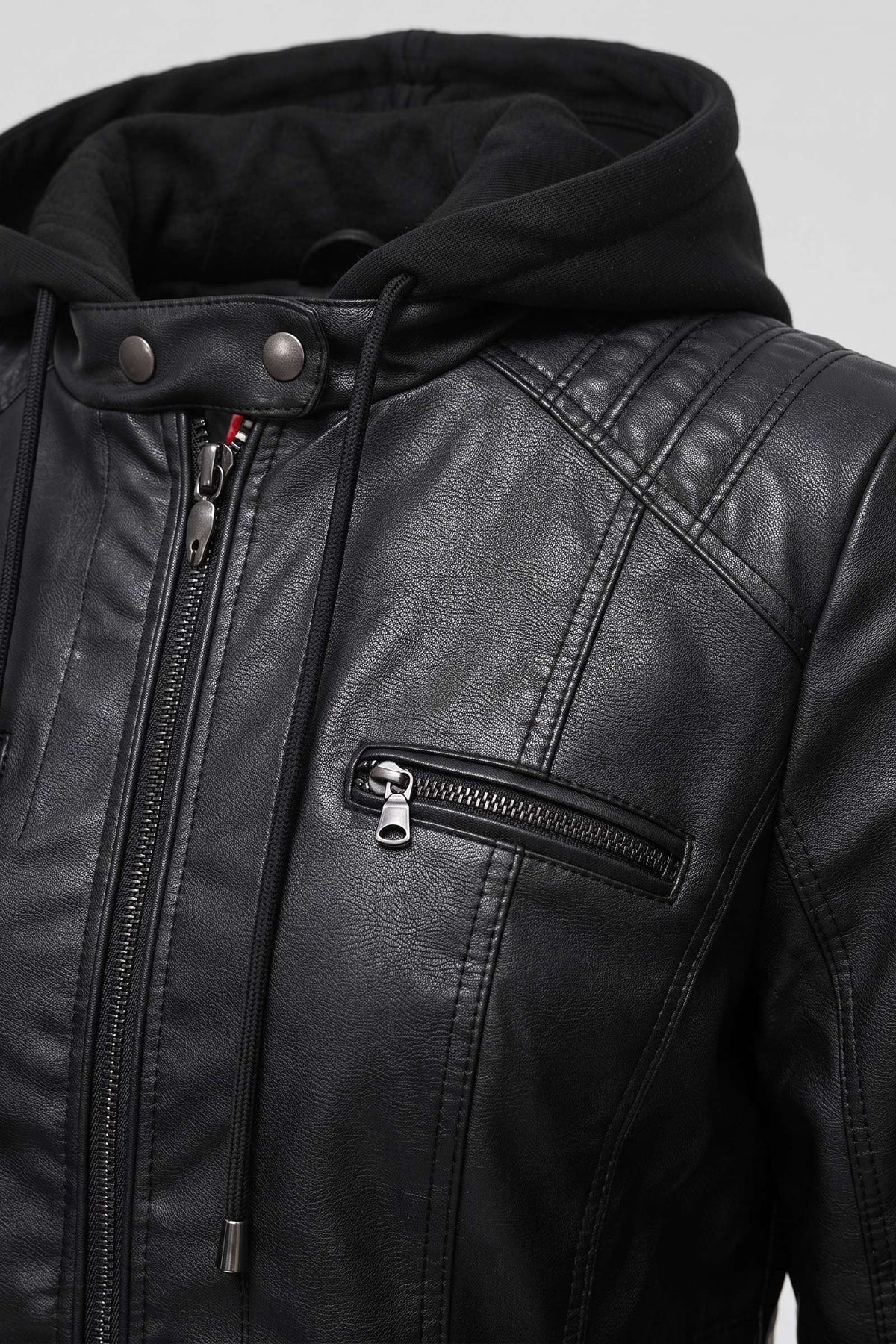 Damen Bikerjacke mit abnehmbarer Kapuze und Reißverschlusstaschen – 2