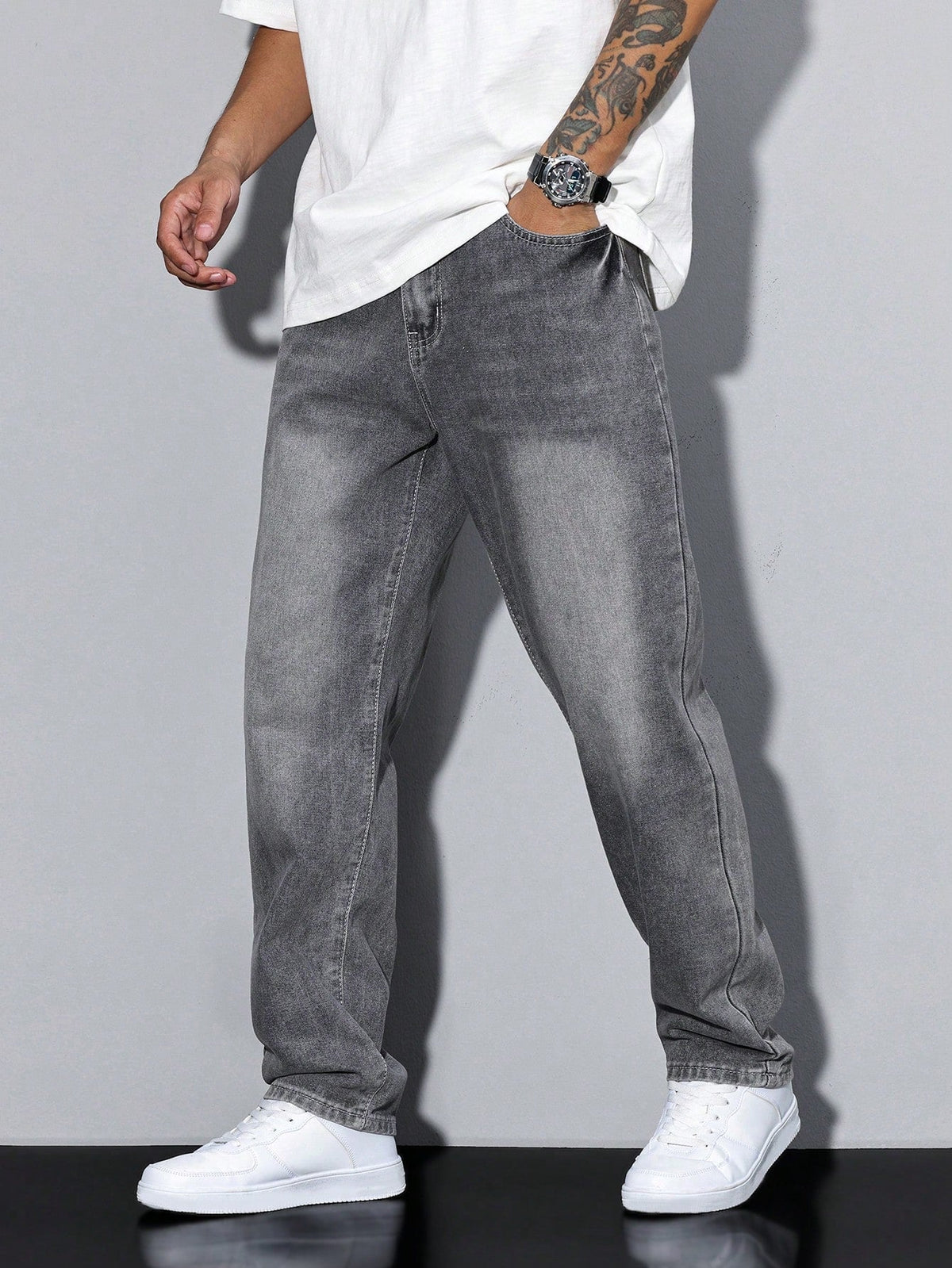 Herren Baggy Jeans mit geradem Bein und aufgesetzten Gesäßtaschen – 2