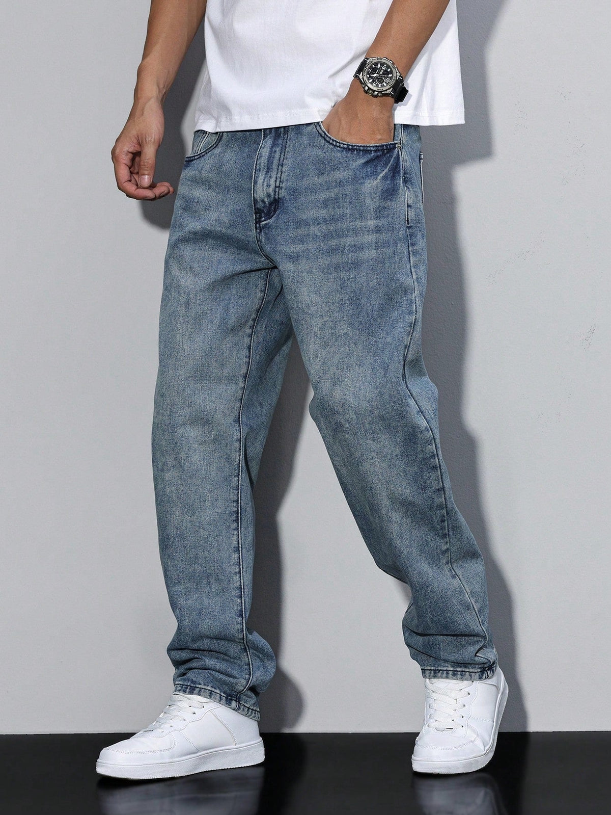 Herren Baggy Jeans mit geradem Bein und aufgesetzten Gesäßtaschen – 6