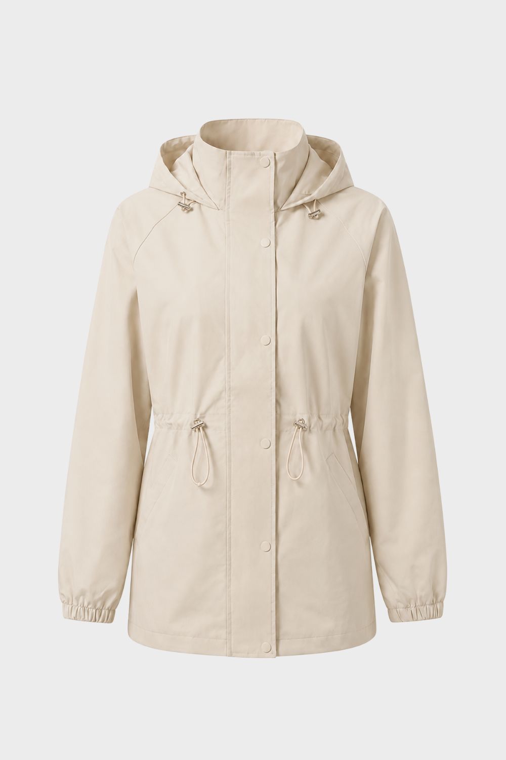 Damen Regenjacke mit Stehkragen, Kapuze und seitlichen Eingrifftaschen – 7