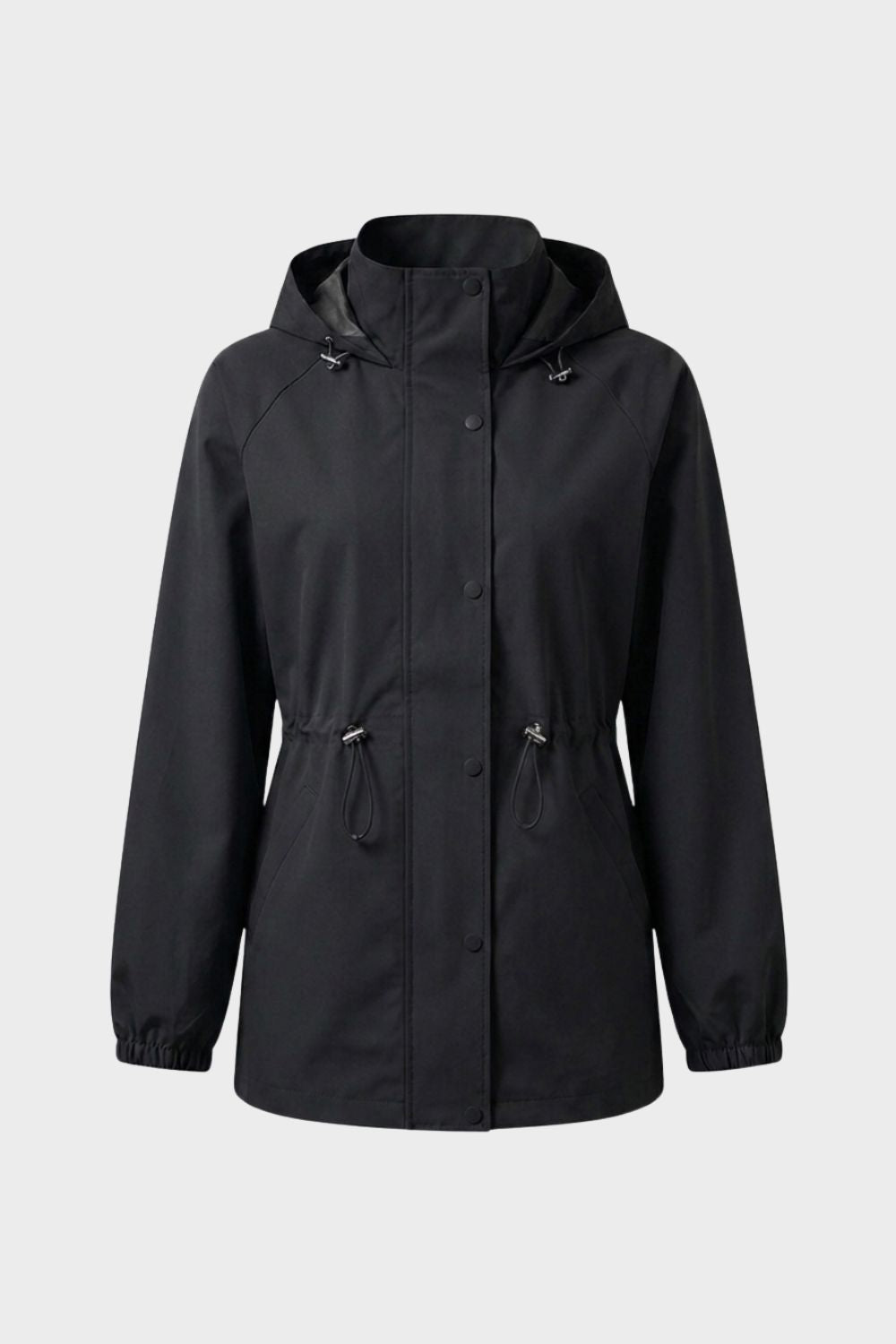 Damen Regenjacke mit Stehkragen, Kapuze und seitlichen Eingrifftaschen