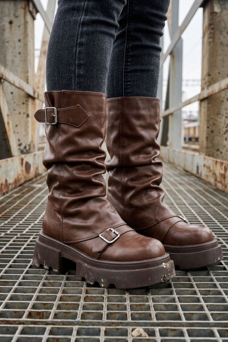 Damen Wadenhohe Boots | Schnallendetails & Profilsohle