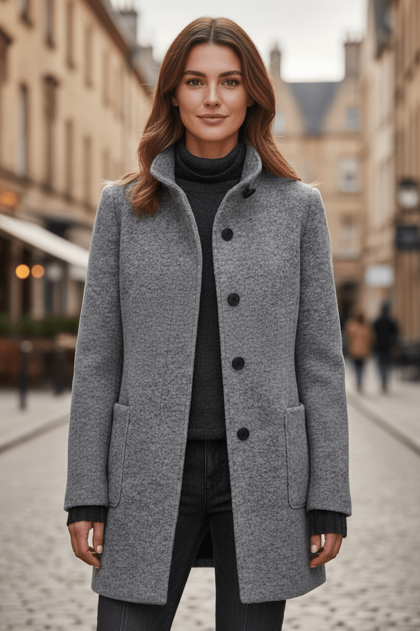 Damen Mantel mit Stehkragen und einreihigem Knopfverschluss – 15