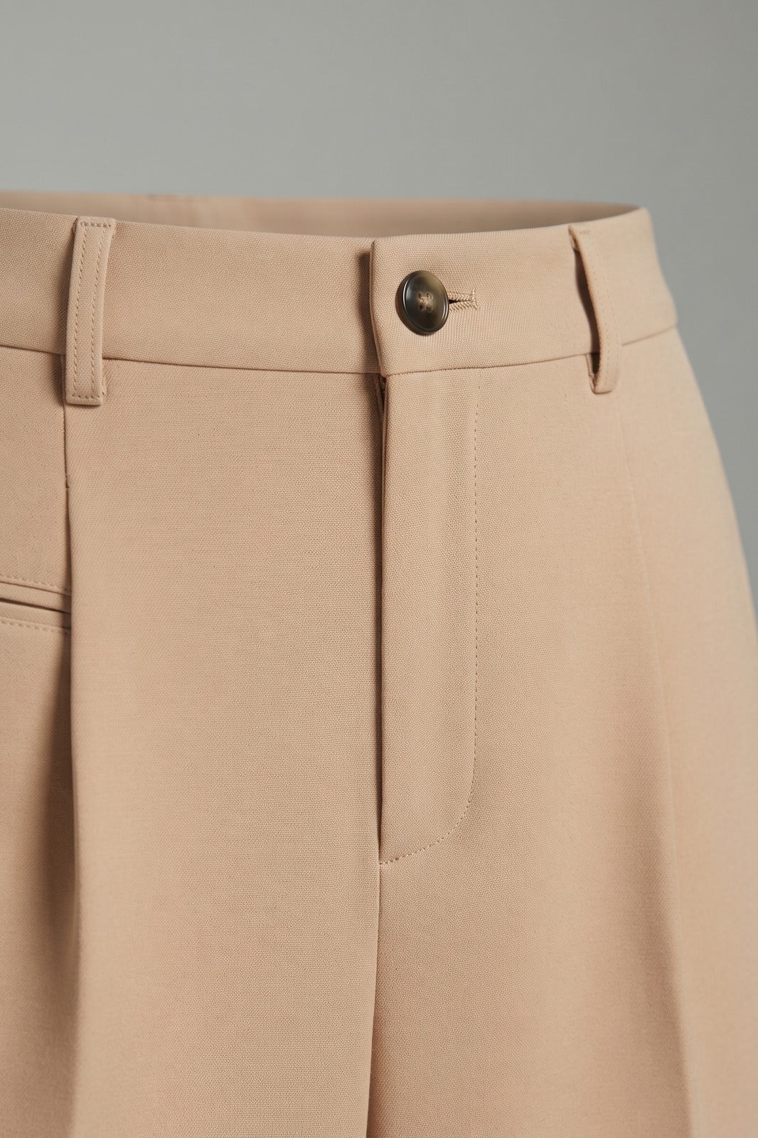Damen Lockere Palazzohose | Bundfalten — Beige — Detailaufnahme — am Modell