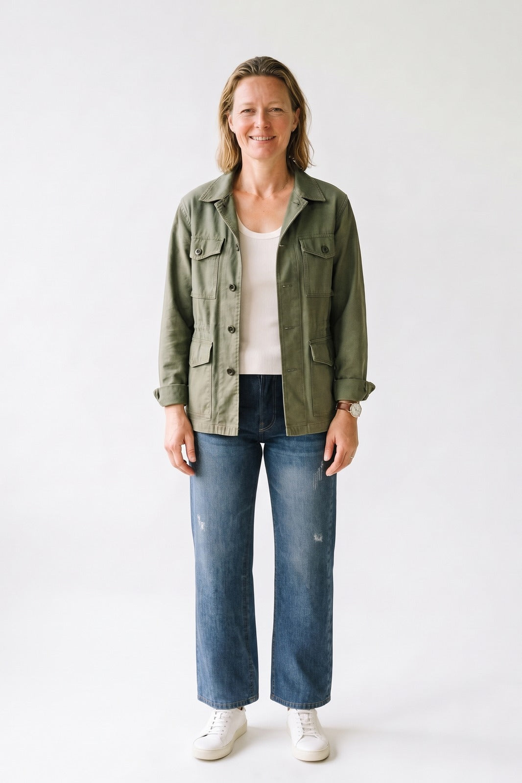 Damen Weite Jeans | High-Waist — Blau — Vorderansicht — am Modell