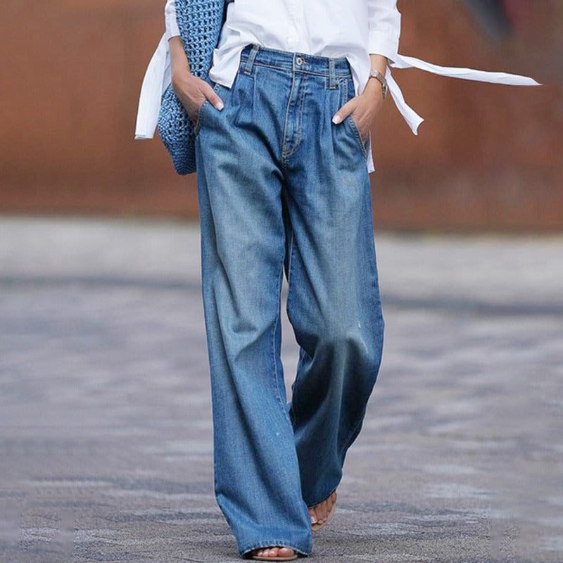 Damen weite Jeanshose mit hoher Taille und Bundfalten