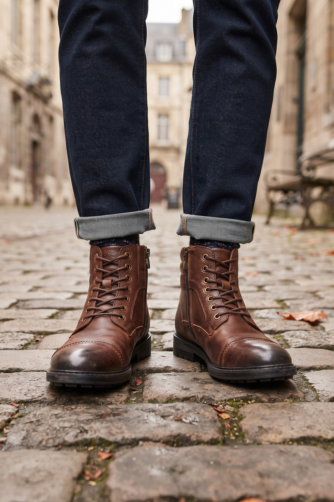Herren Schnürstiefel | Mit Reissverschluss — Braun — shoe_worn — am Modell