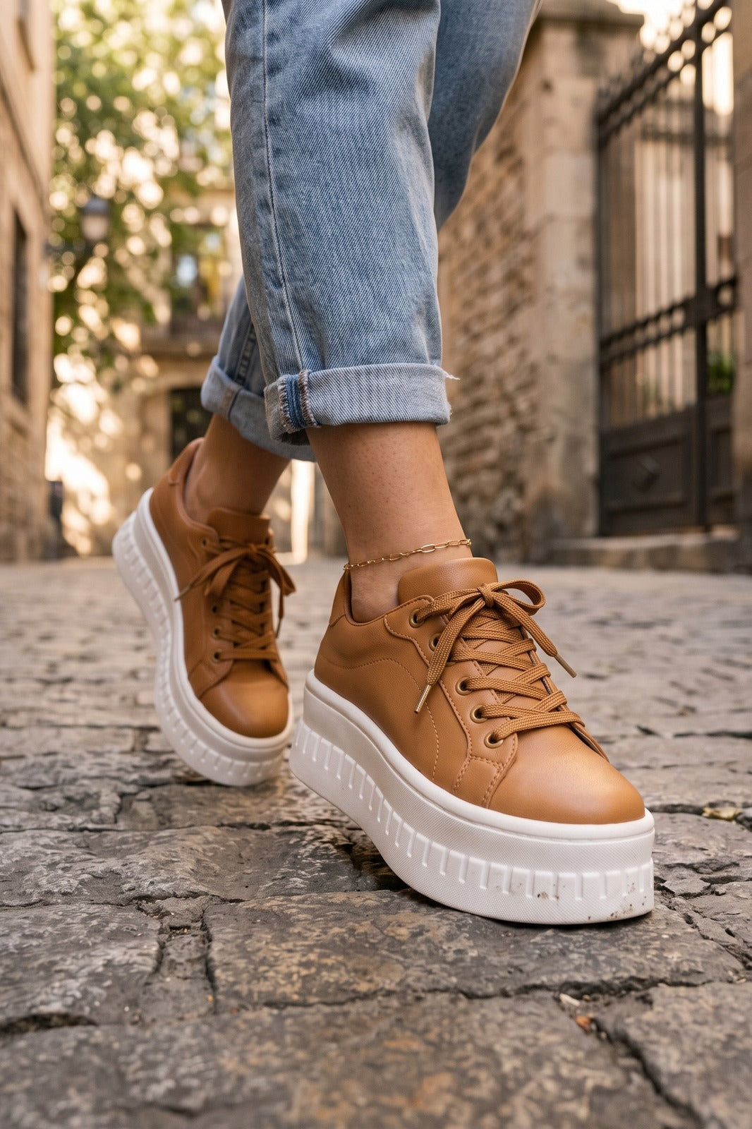 Damen Plateau-Sneaker | Schnürung — Braun — shoe_worn — am Modell
