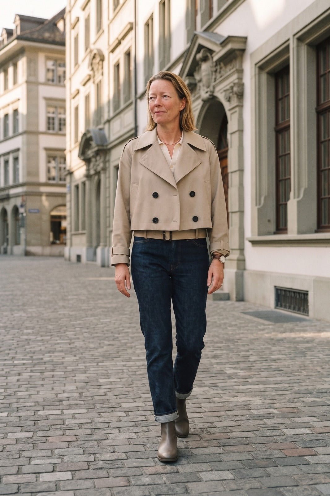Damen Cropped Trenchcoat-Jacke | Casual-Elegant — Beige — lifestyle — am Modell