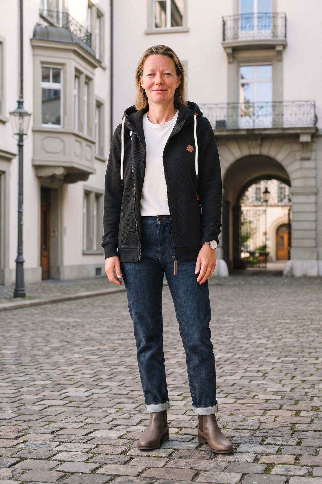Damen Kapuzenjacke | Asymmetrischer Zip — Schwarz — lifestyle — am Modell