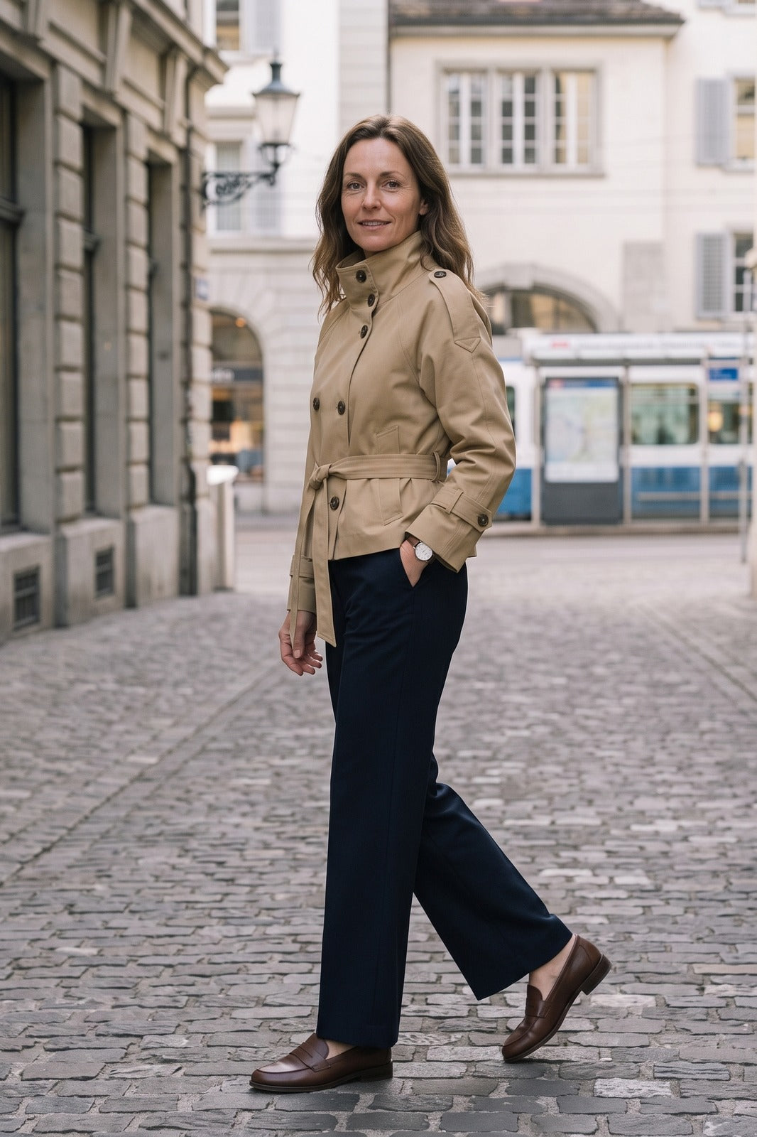 Damen Kurze Trenchjacke | Taillengürtel — Khaki — lifestyle — am Modell