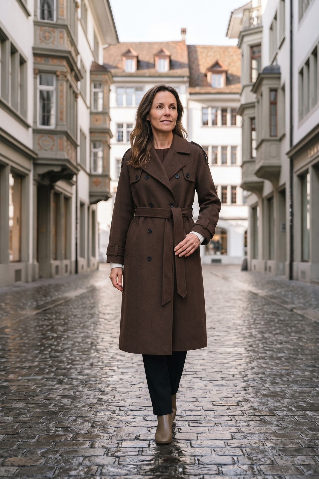 Damen Langer Trenchcoat | Gegürtet — Brown — lifestyle — am Modell