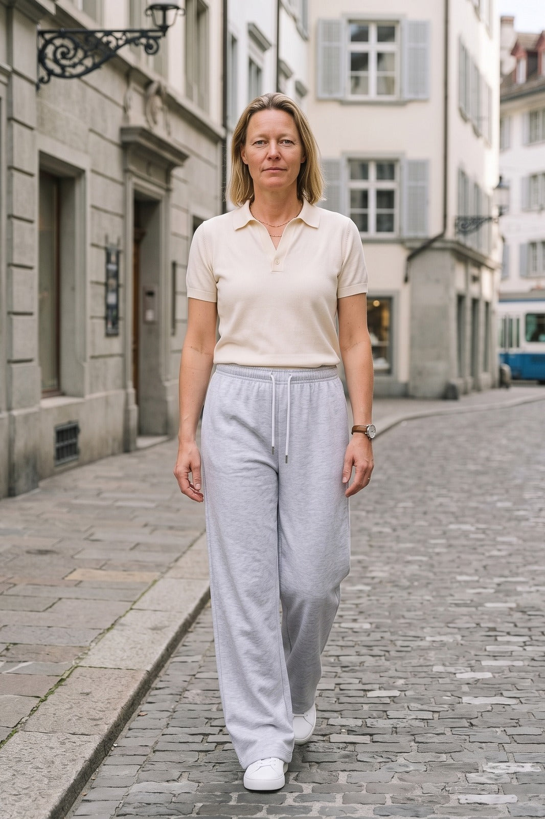 Damen Weite Jogginghose | Kordelzug Bund — Hellgrau — lifestyle — am Modell