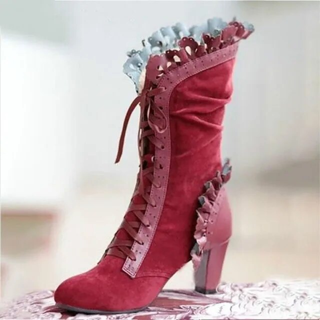 Damen Stiefeletten mit Blockabsatz, Spitzenbesatz und Schnürung mit Schleife – 7