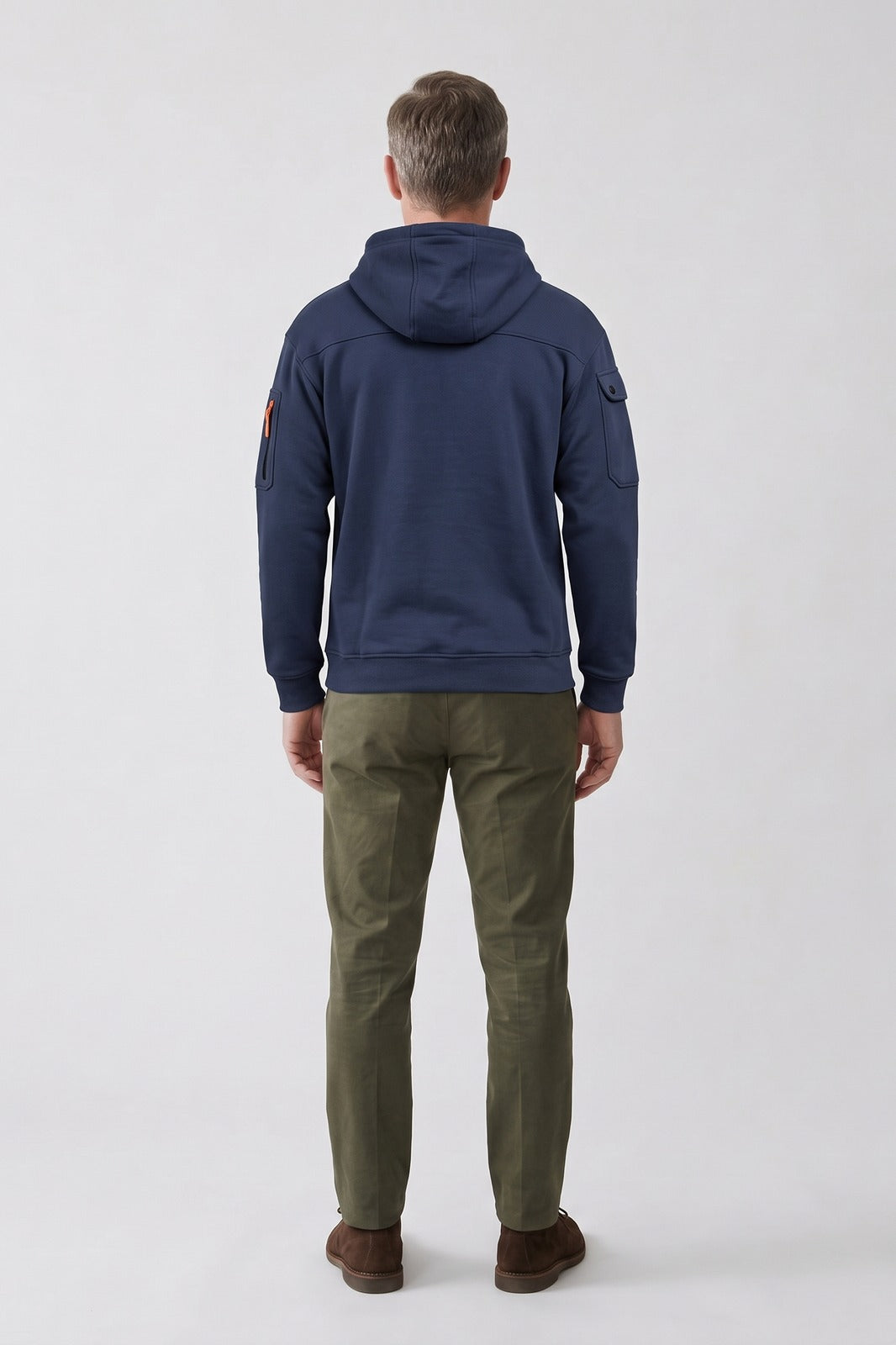 Herren Kapuzenhoodie | Taschen — Dunkelblau — Rückansicht — am Modell