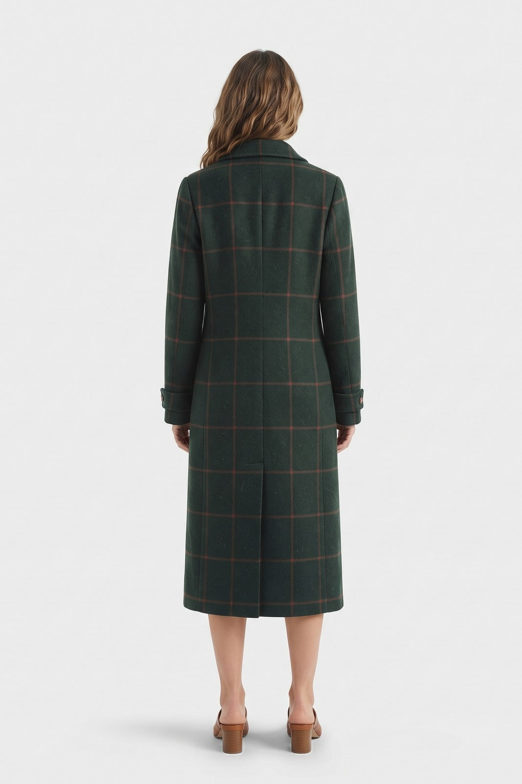 Damen Karierter Mantel | Retro Revers — Dunkelgrün — Rückansicht — am Modell