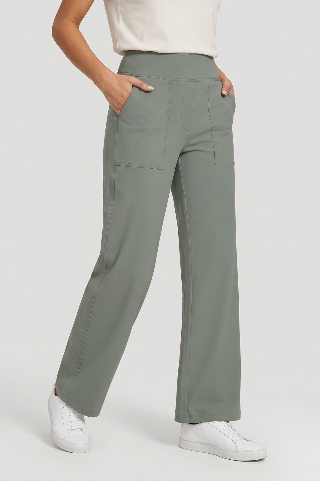 Damen Stretchhose | Hoher Bund — Hellgrau — Vorderansicht — am Modell