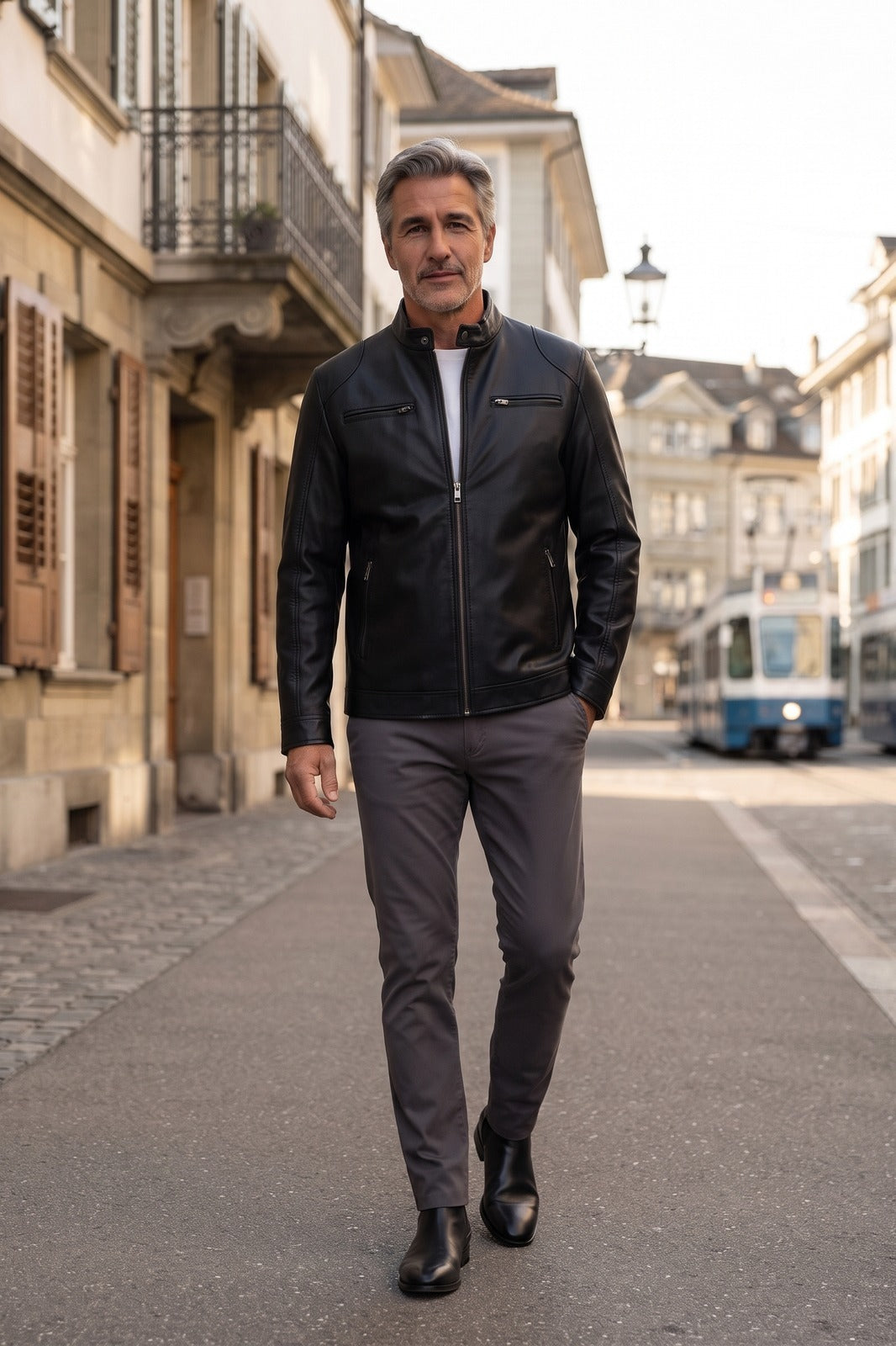 Herren Bikerjacke | Schmale Passform — Black — lifestyle — am Modell