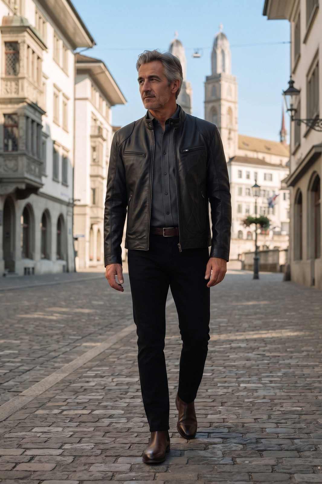 Herren Bikerjacke | Taillierter Schnitt — Black — lifestyle — am Modell