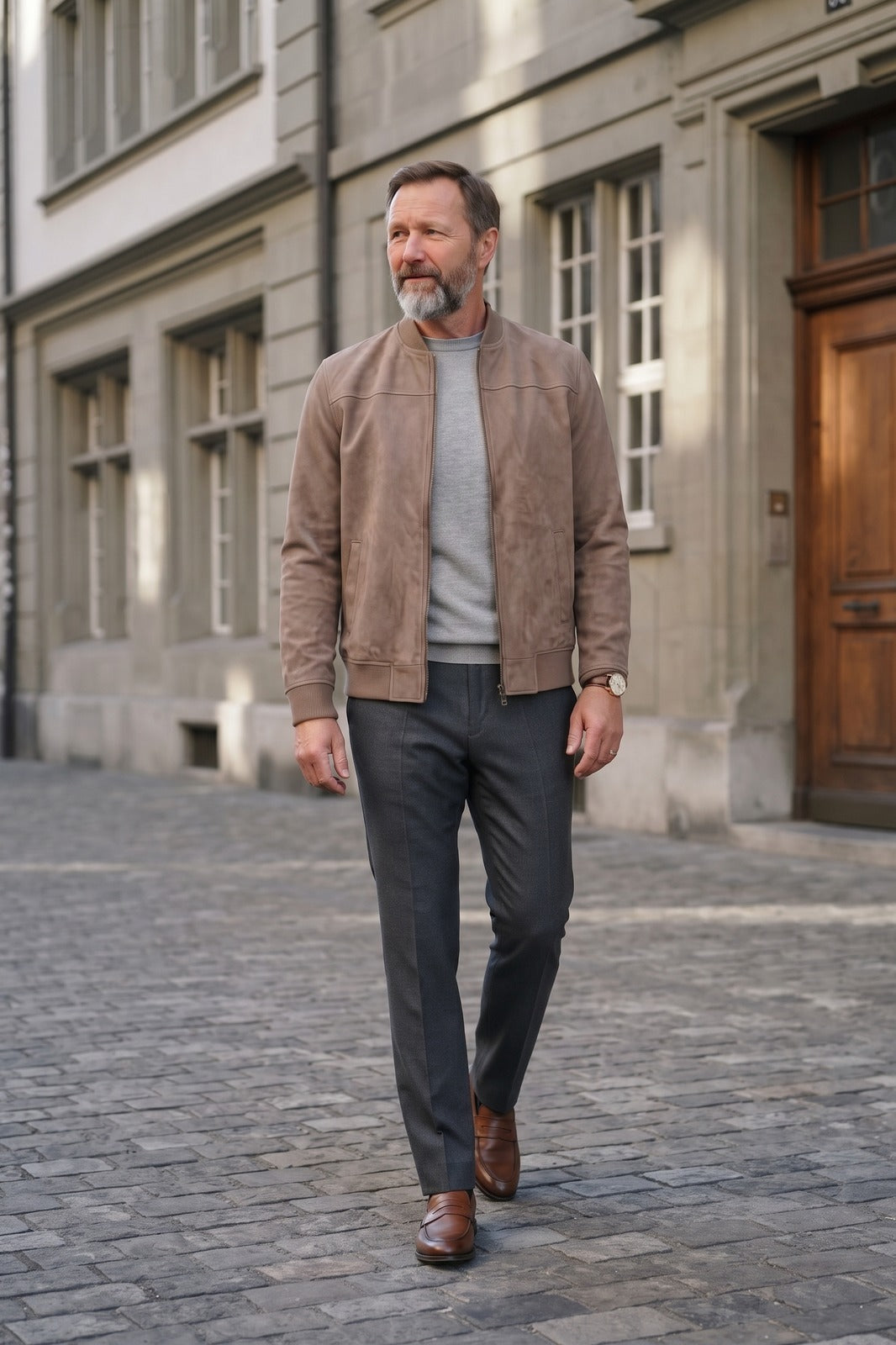 Herren Bomberjacke | Stehkragen — Beige — lifestyle — am Modell