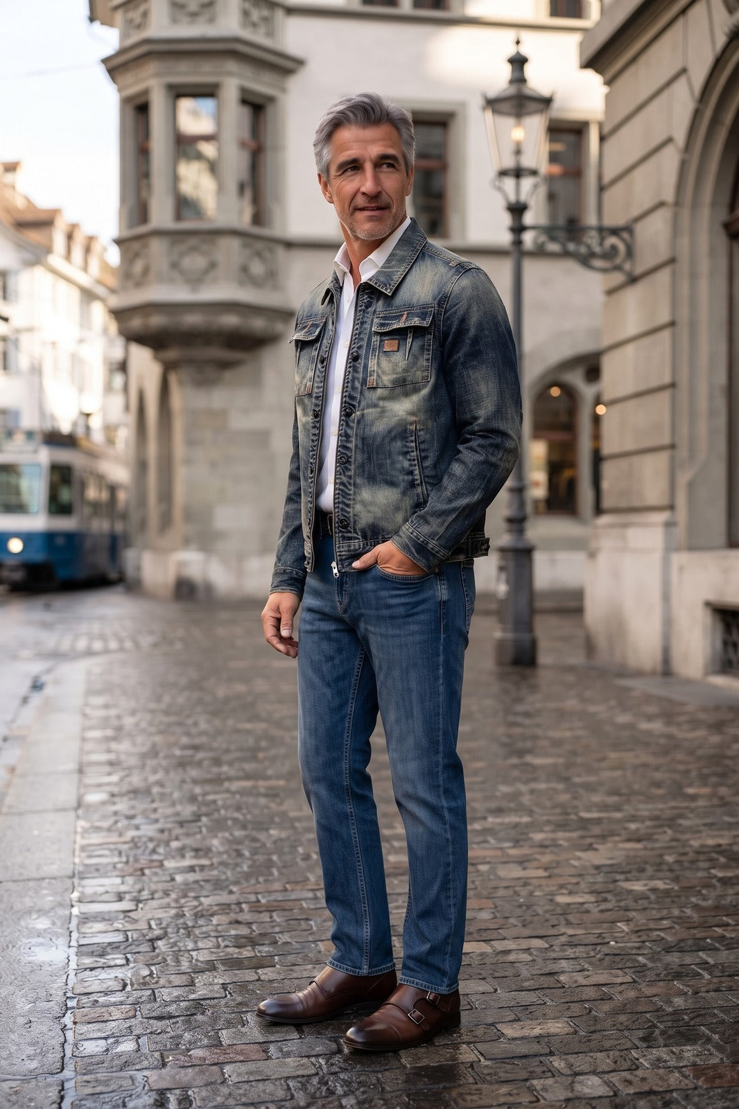Herren Gerade Jeansjacke | Reissverschluss — Blue — lifestyle — am Modell
