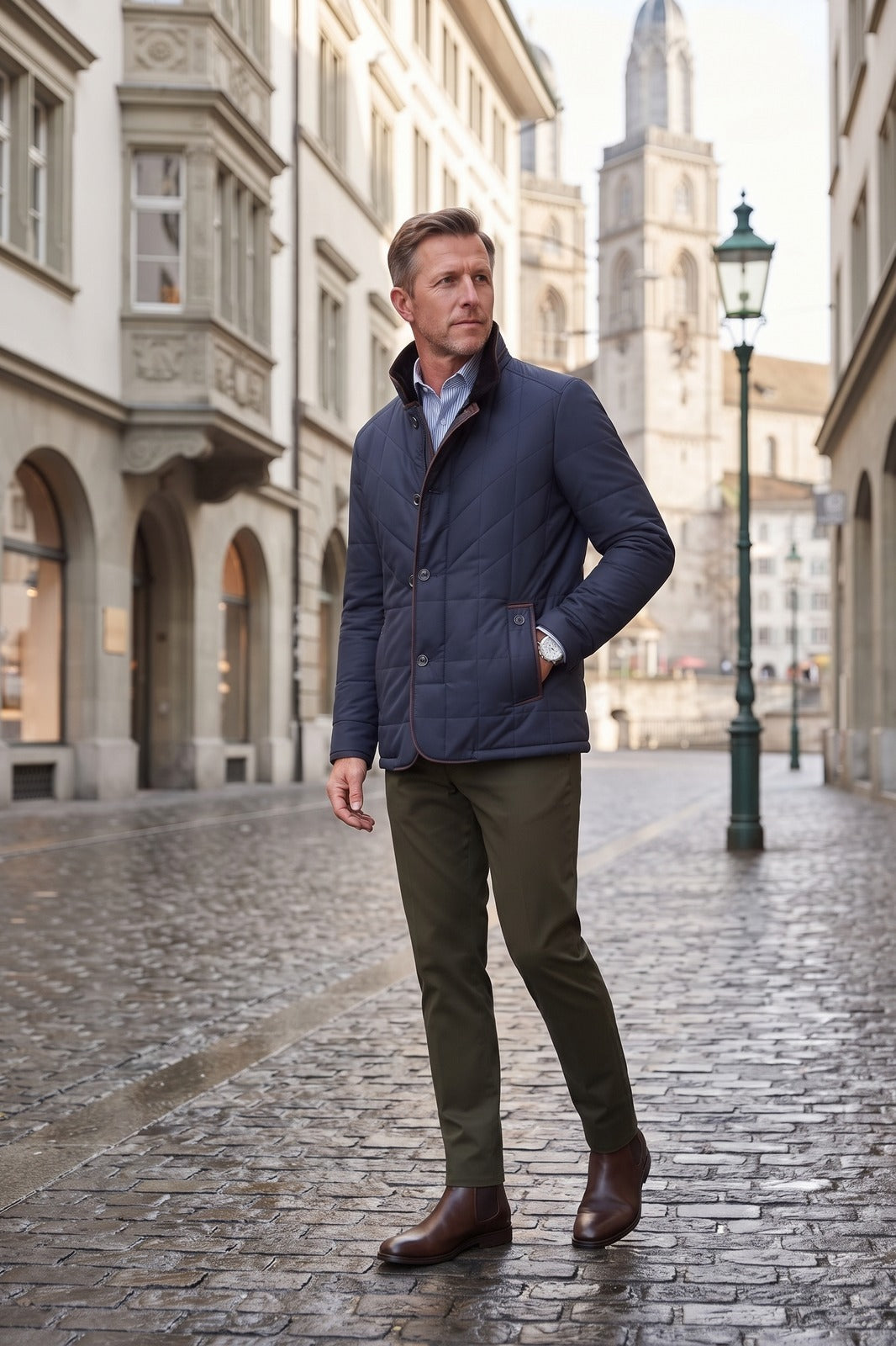 Herren Gesteppte Winterjacke | Stehkragen — Blau — lifestyle — am Modell