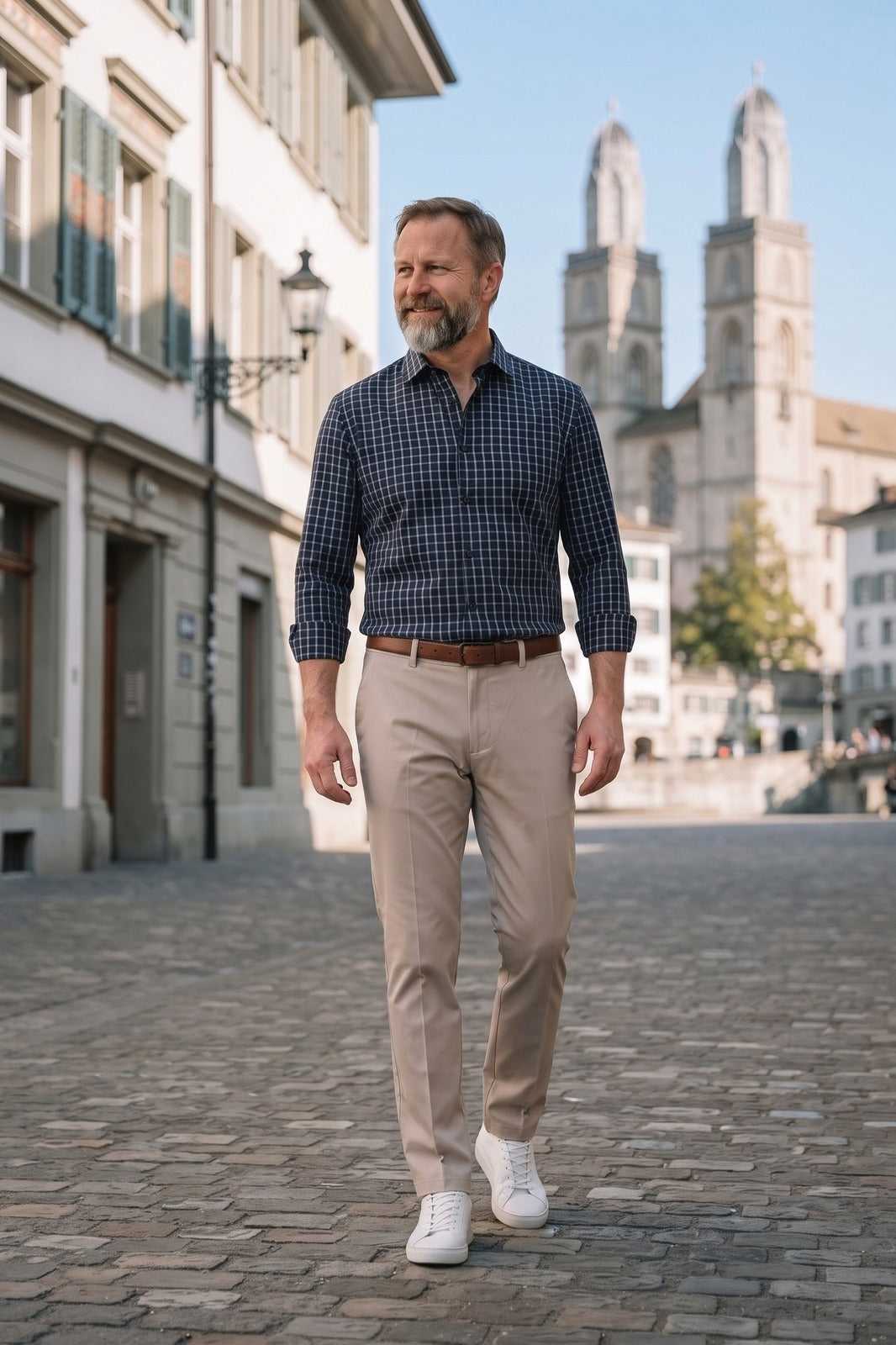 Herren Hemd-Hose-Set | Business-Casual — Beige — lifestyle — am Modell