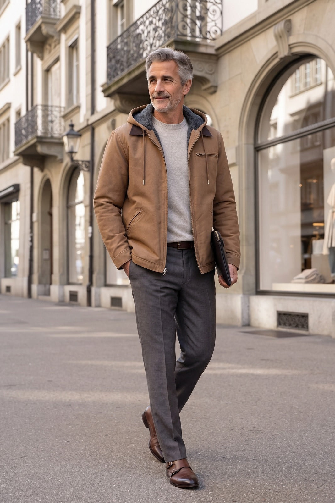 Herren Kapuzenjacke | Kontrastkragen — Brown — lifestyle — am Modell