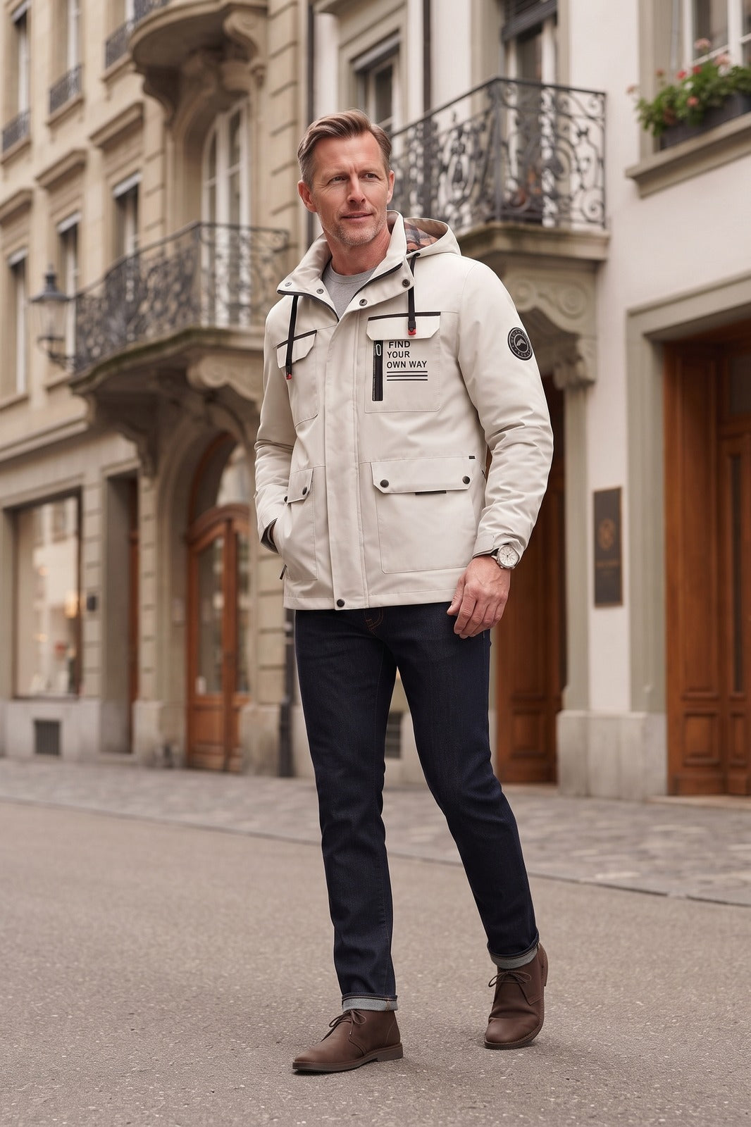 Herren Kapuzenjacke | Modern — Beige — lifestyle — am Modell