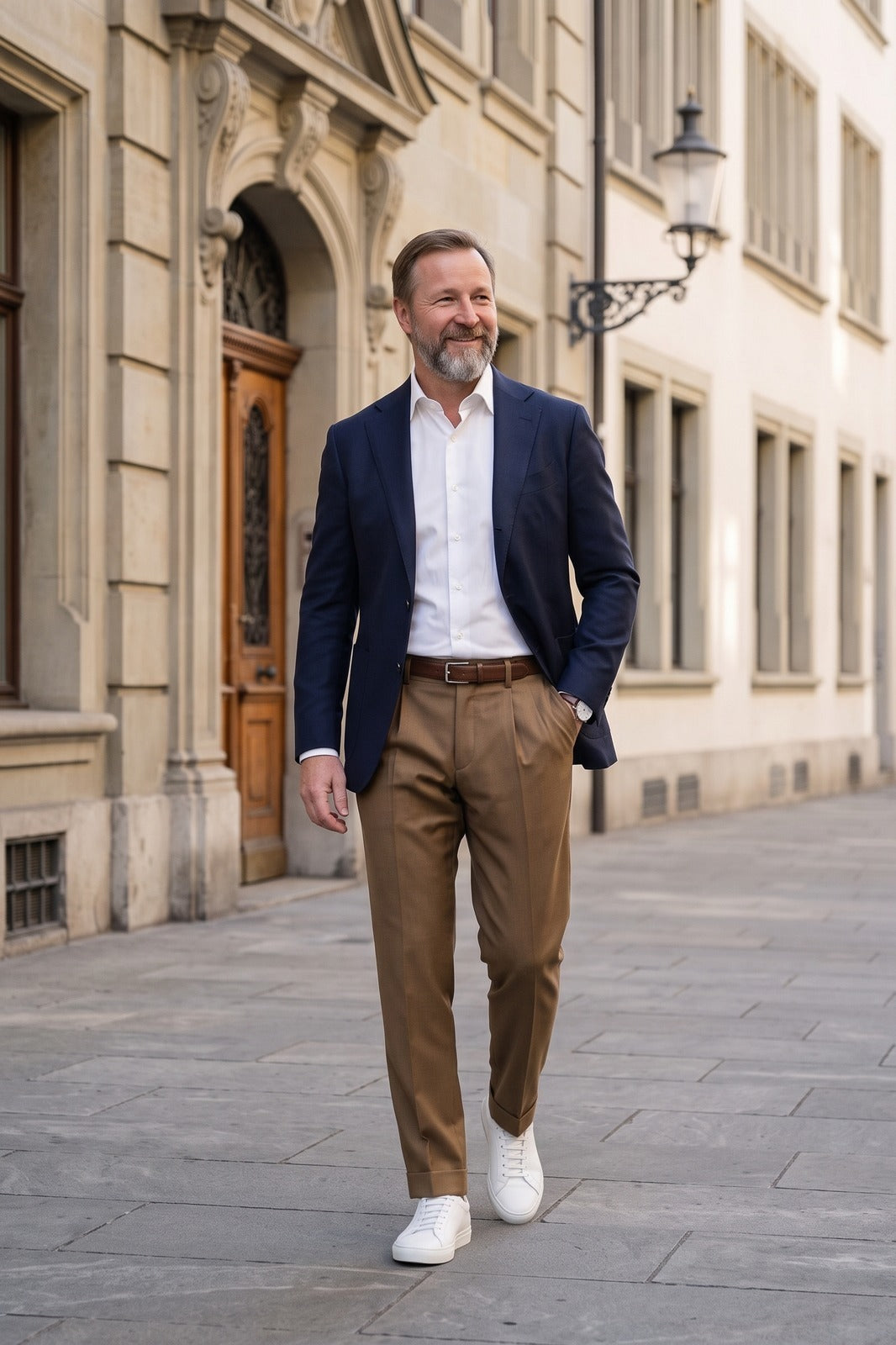 Herren Schmale Anzughose | Slim Fit — Braun — lifestyle — am Modell