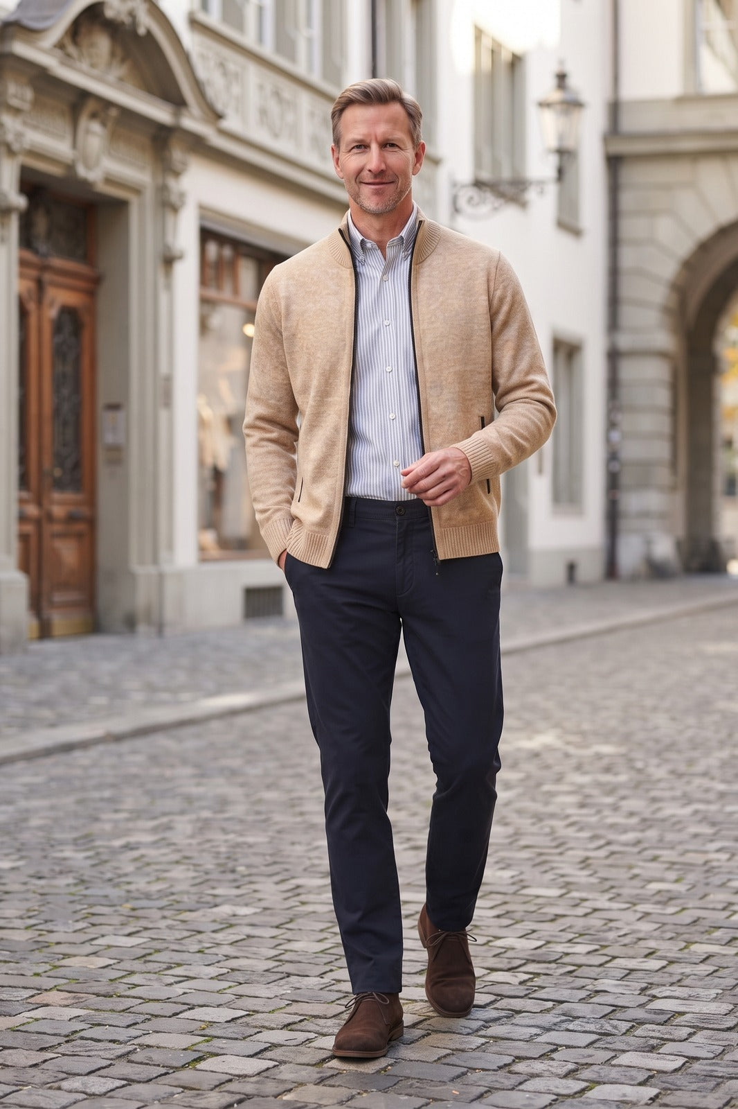 Herren Strickjacke | Stehkragen — Beige — lifestyle — am Modell
